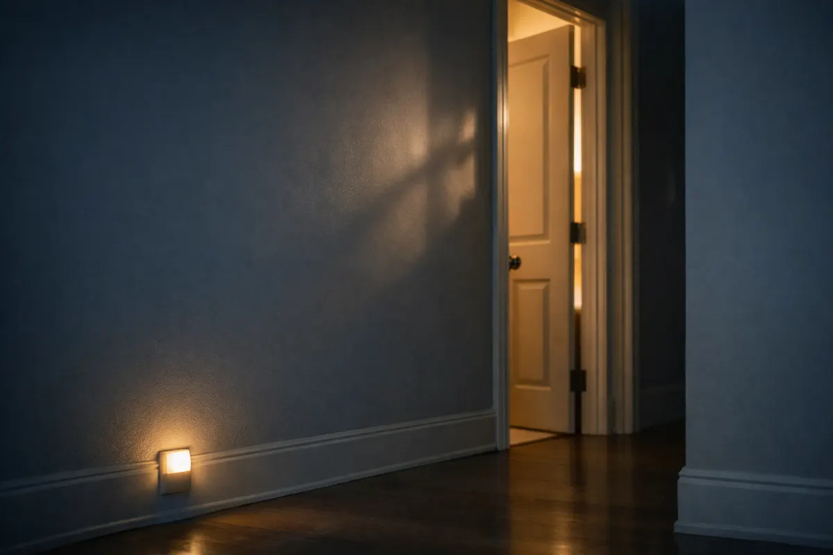 A hallway at night lit by a low nightlight