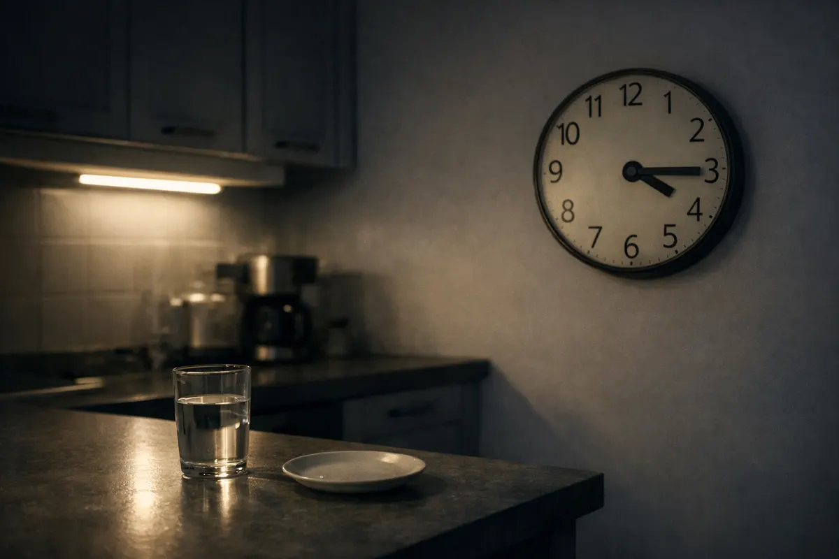 A kitchen at night lit only by under-cabinet light