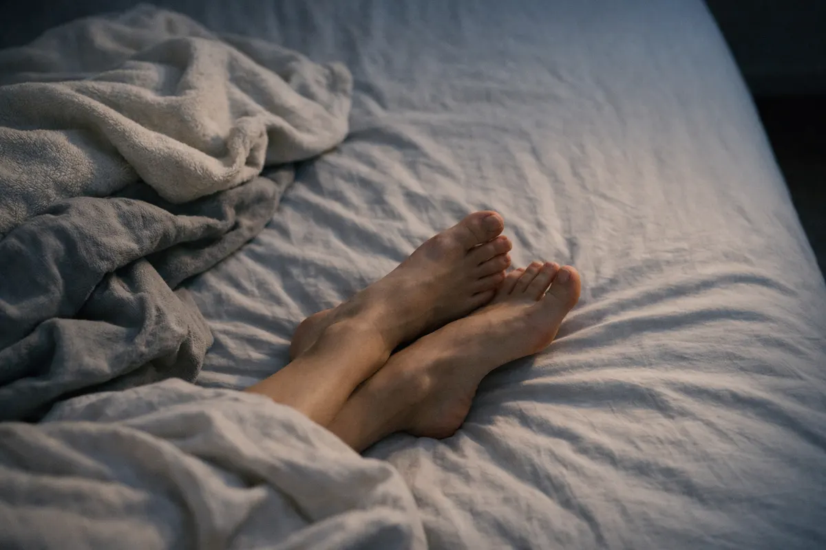 Bare feet resting on cool bedsheets at the end of a bed