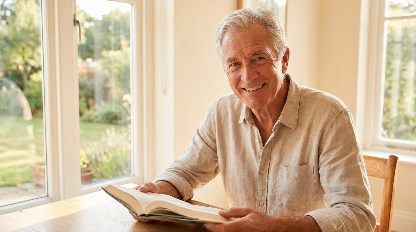 Sharp older man reading