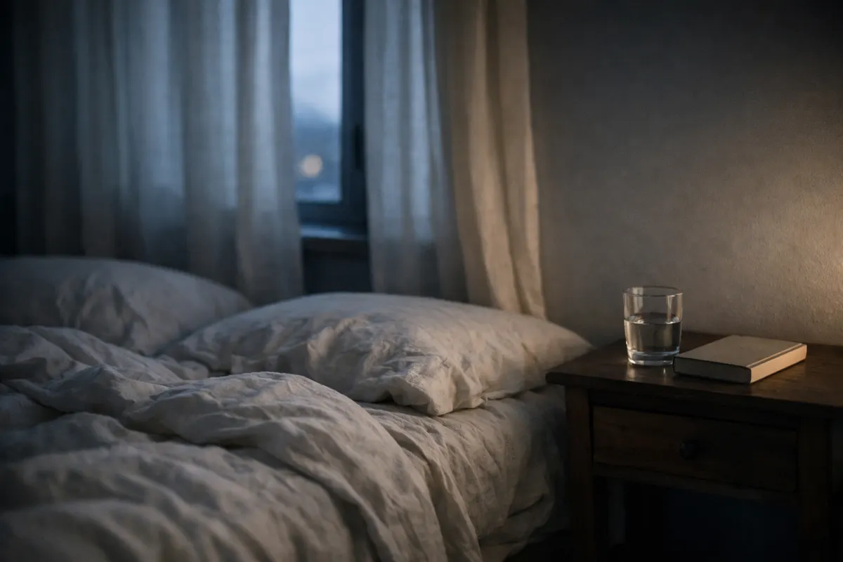 A dim bedroom before dawn with light through half-open curtains