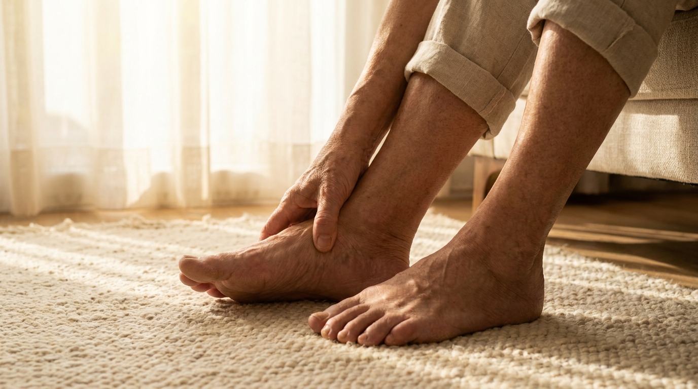 Bare feet and lower legs of an older person on a rug