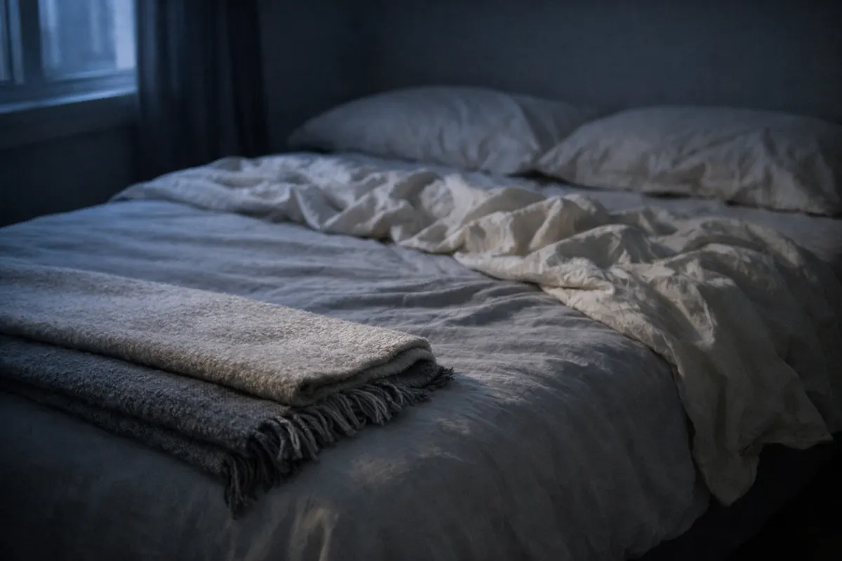 A bed at night with the blanket pushed back from the lower half