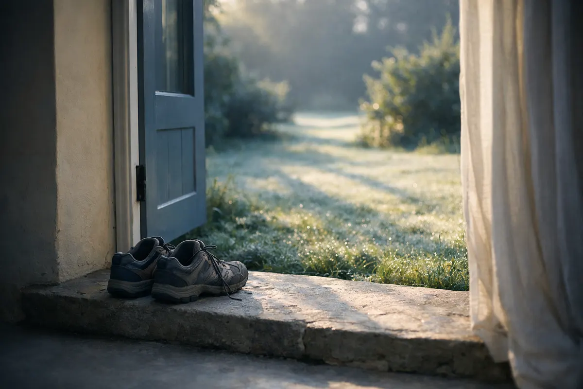 Early morning daylight falling through an open doorway onto a garden