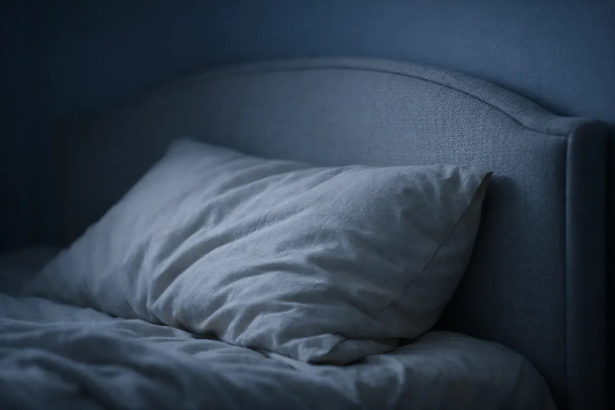An empty bedroom at night, close detail of a pillow and headboard