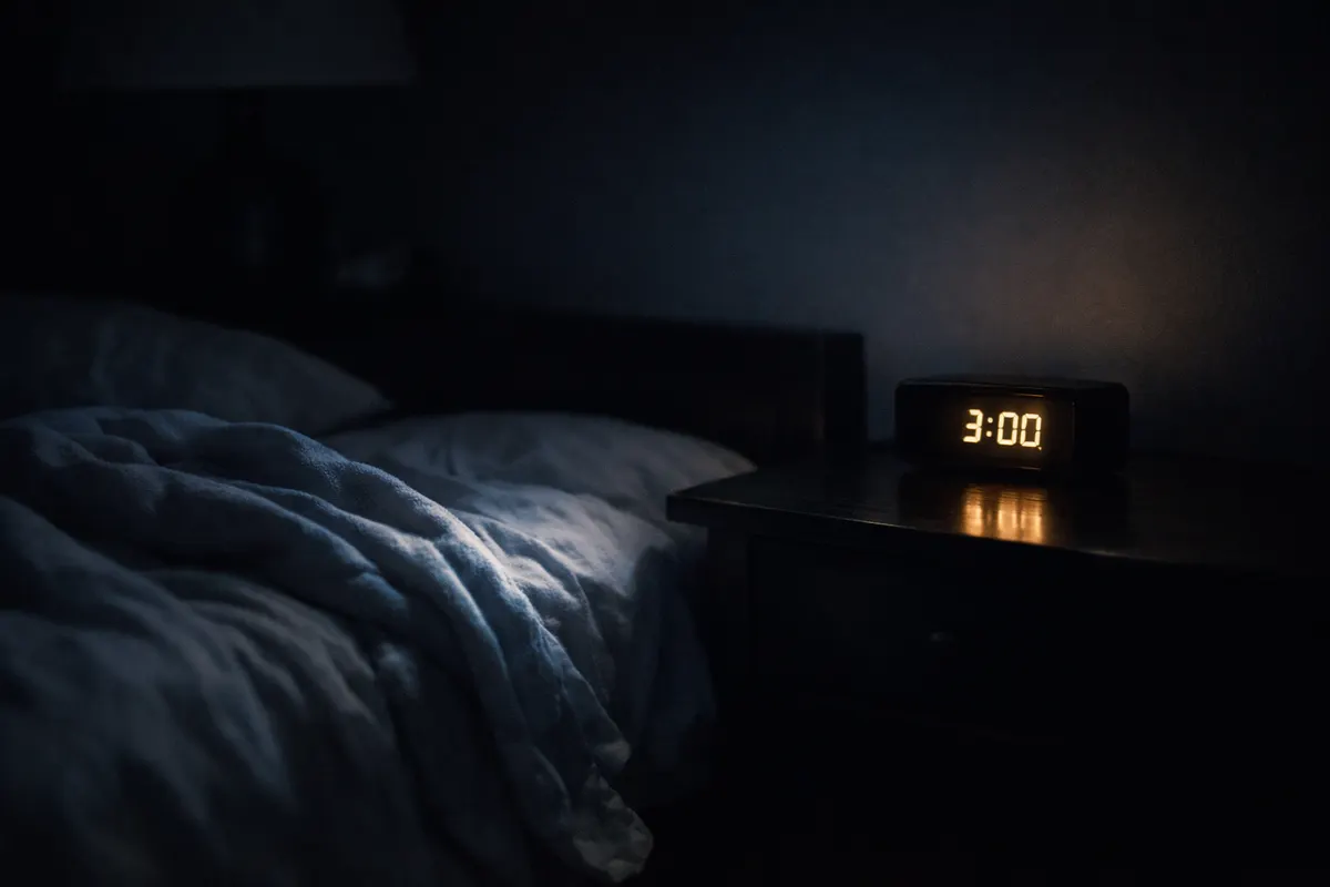 A dark bedroom in the small hours with faint light on a nightstand