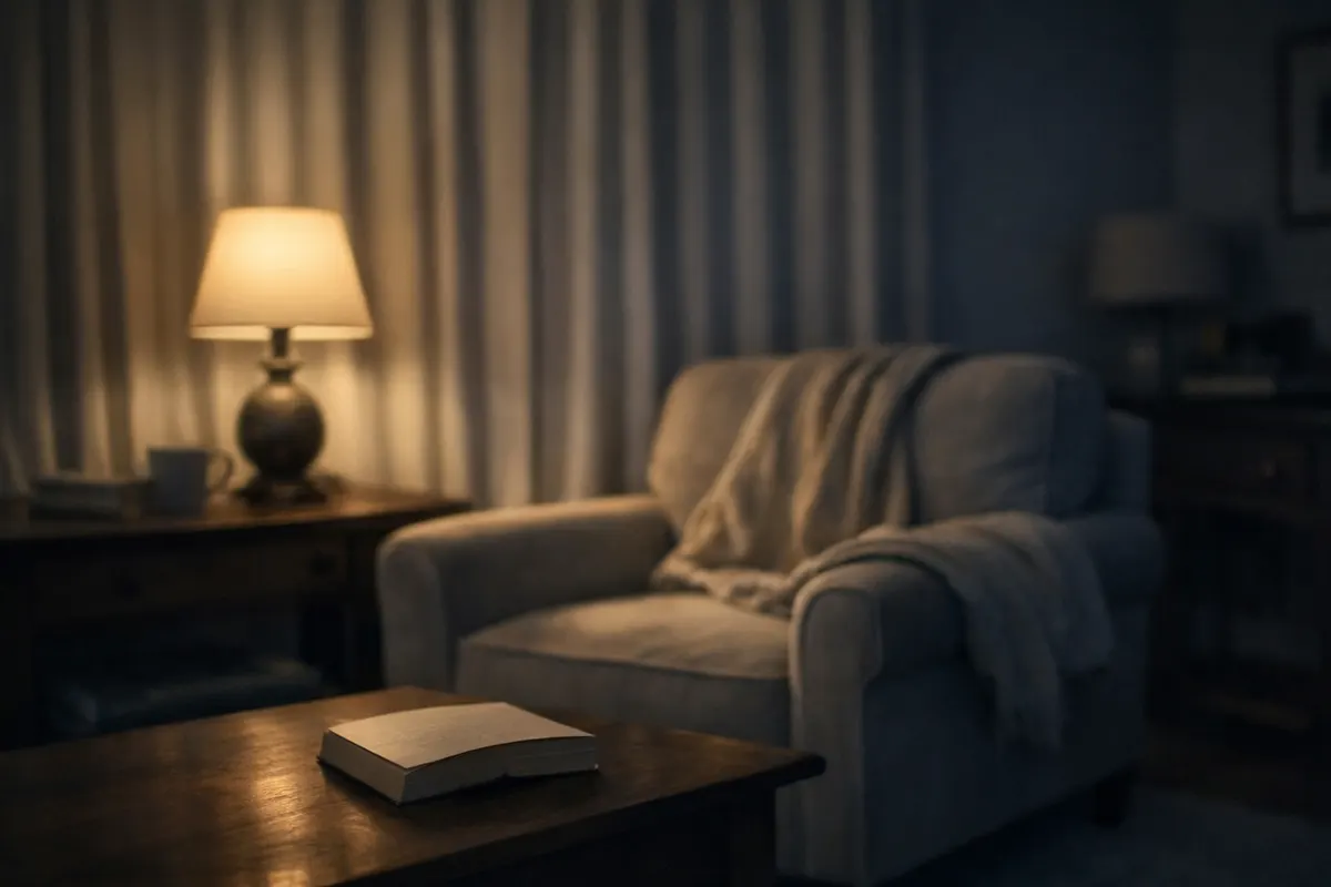 A quiet living room in the evening lit by a single lamp