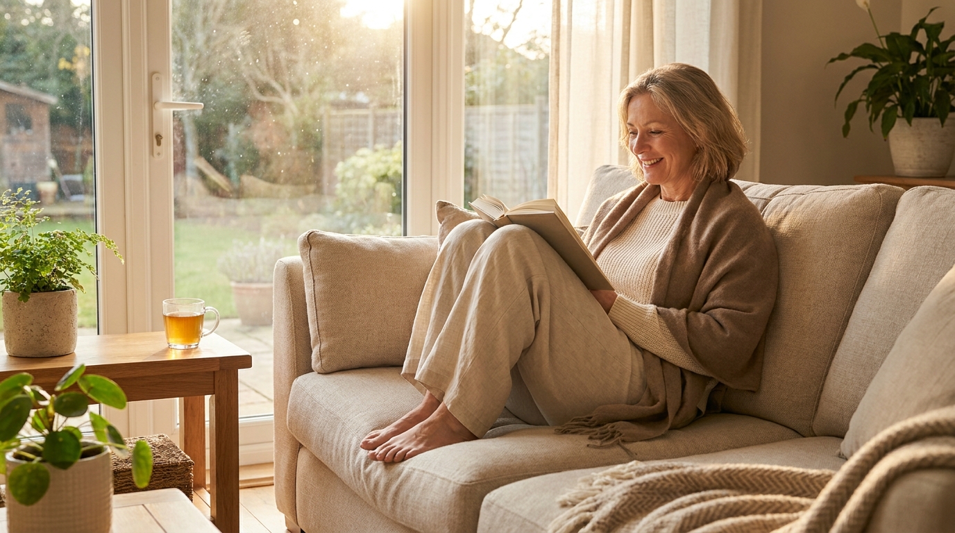 Relaxed woman in her 50s with light comfortable legs